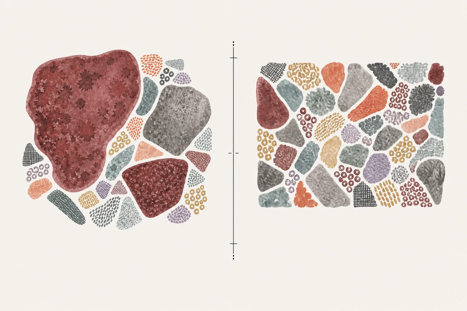Watercolor comparison flowing from a raw analyte field into a representative rebalanced mixed sample.