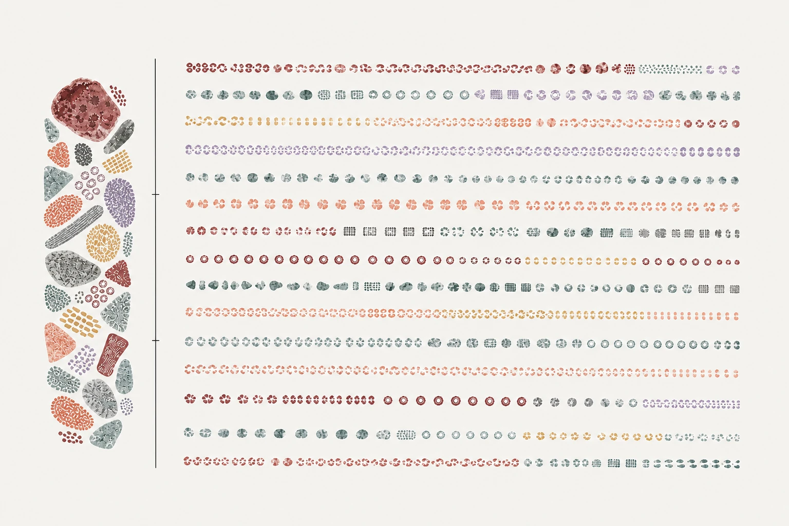 Abstract watercolor study of one formulated sample unfolding from left to right into many transcriptomic measurement lanes.