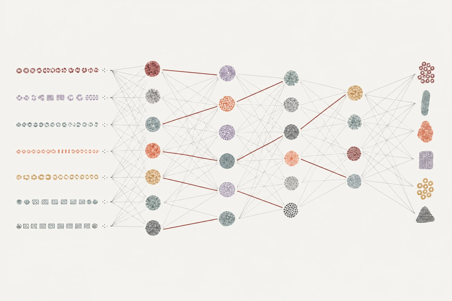 Watercolor study of seven RNA streams passing left to right through a four-layer network of painted nodes, with a few weighted paths picked out in oxblood, converging on six distinct outcome shapes.