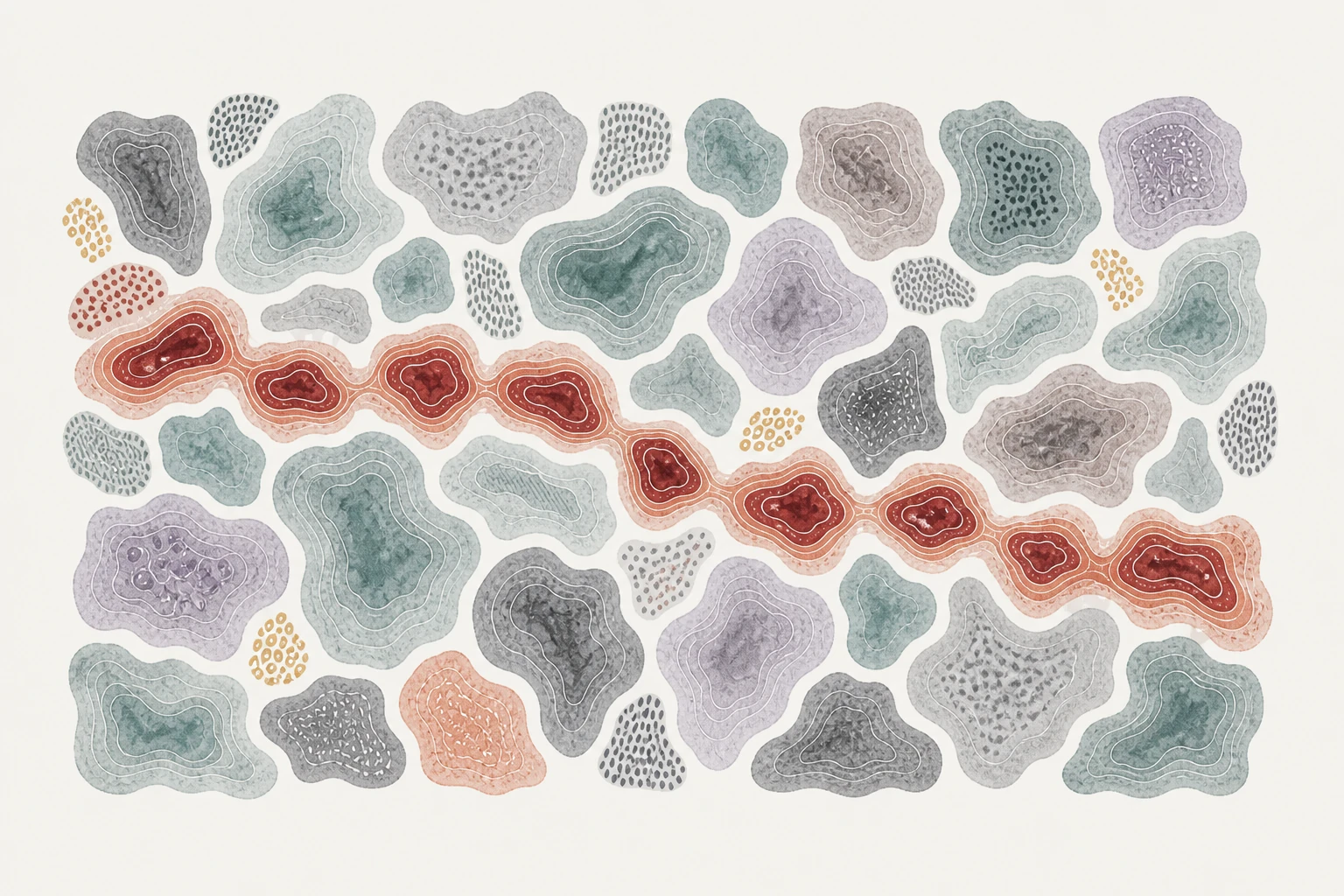 Abstract watercolor field with a distributed oxblood ridge running left to right through the detected coordinated signal.