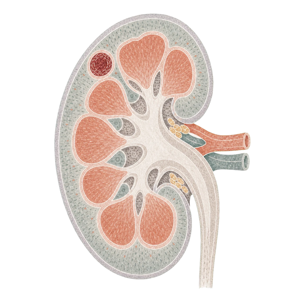 Stamped-watercolor map of a kidney with one small tumor confined to the upper cortex.