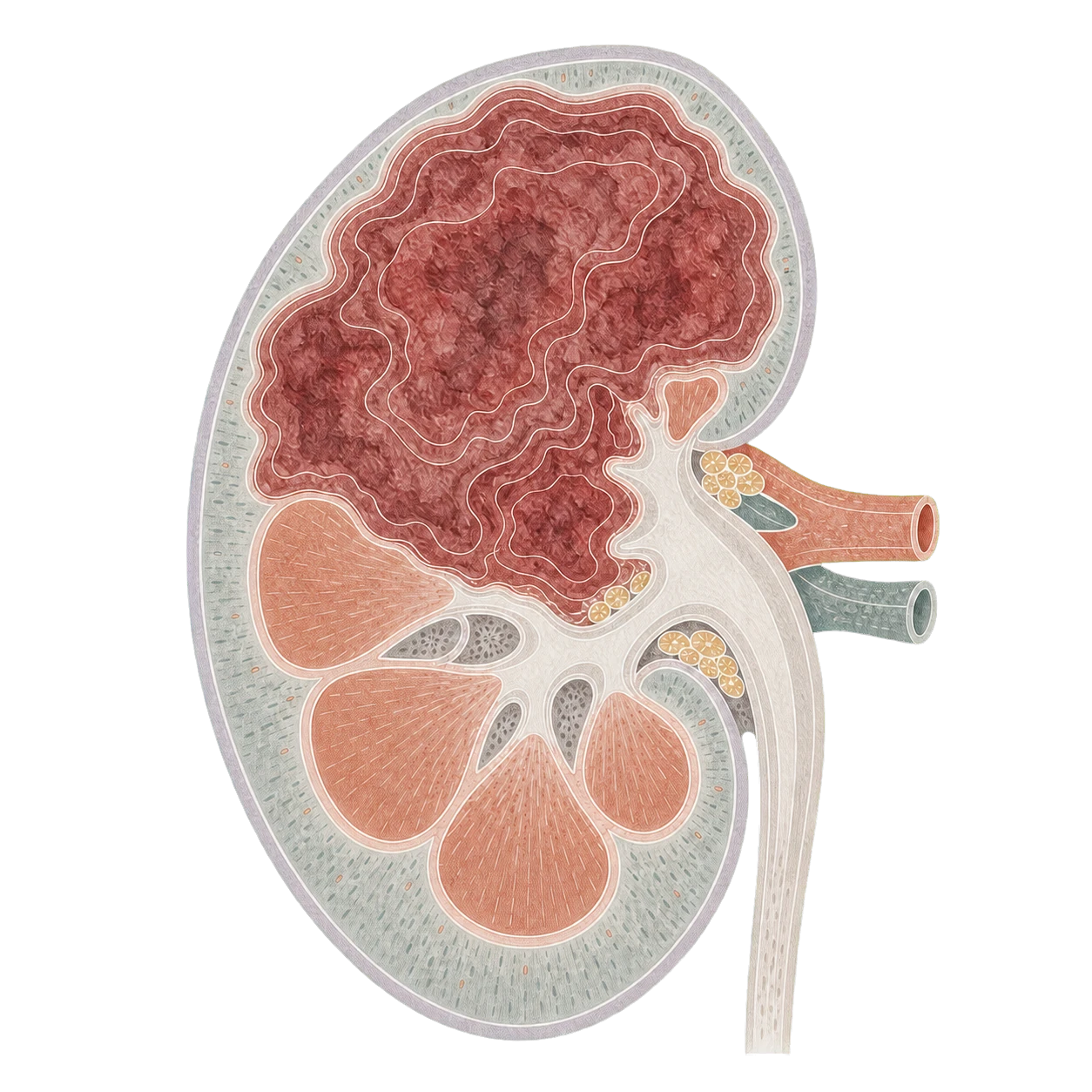 Stamped-watercolor map of a kidney with a large regional tumor compressing and distorting the upper organ.