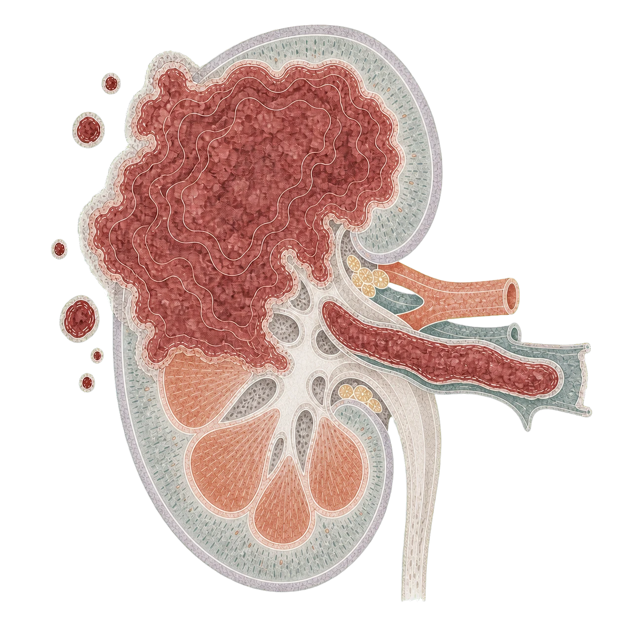 Stamped-watercolor map of a kidney with locally invasive tumor, renal-vein extension, and separated metastatic deposits.