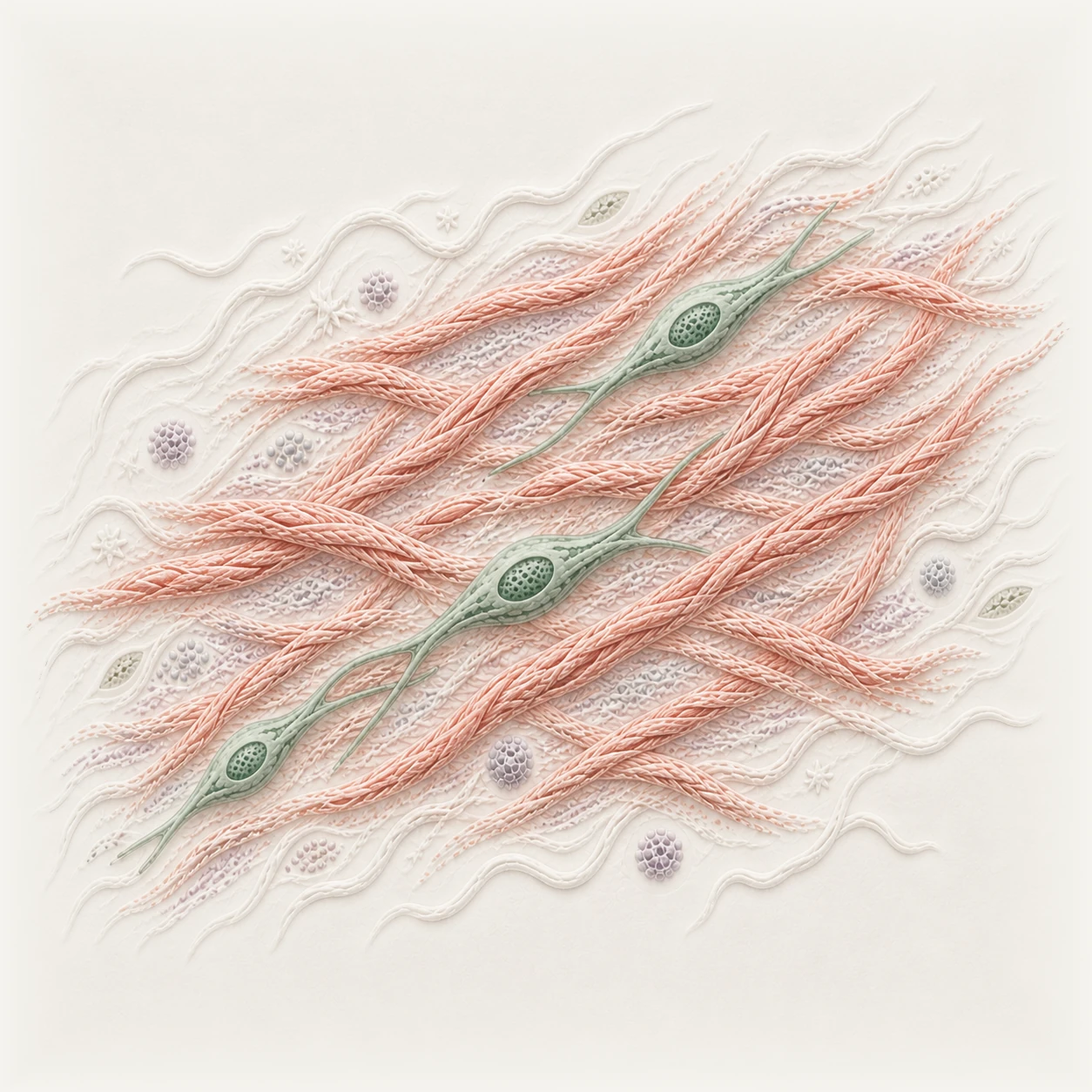 Wide tactile relief of three fibroblasts reorganizing and aligning collagen across an extracellular matrix field.