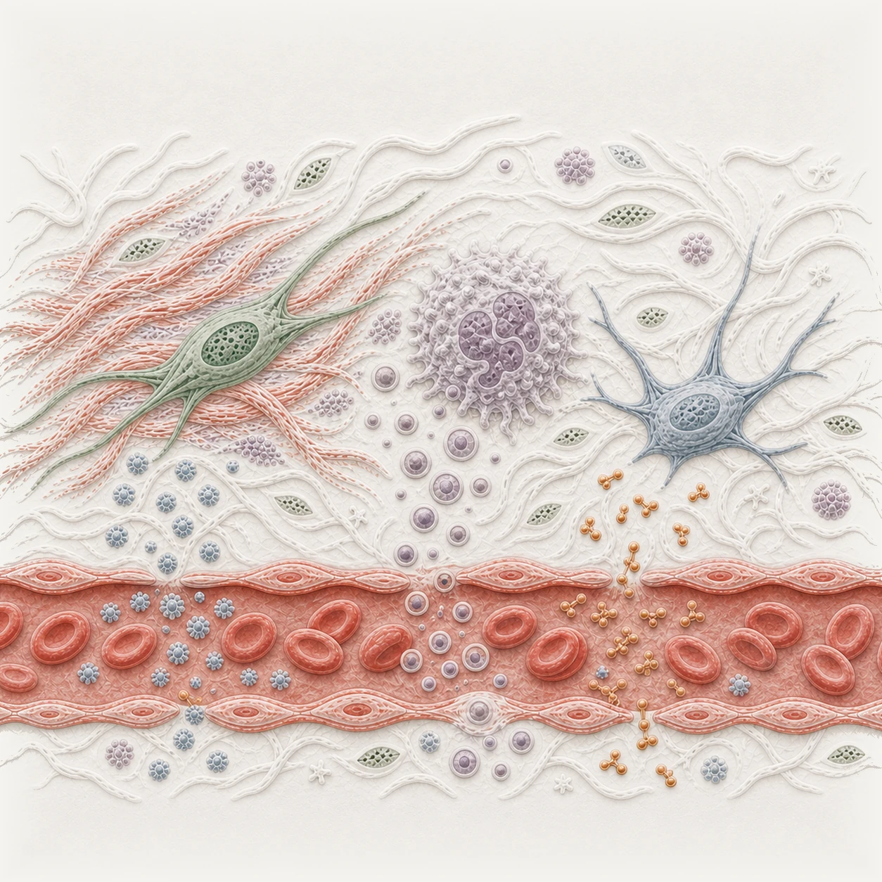 Wide tactile relief of fibroblast, immune, and stromal responder cells releasing distinct messages across an endothelial boundary into flowing blood.