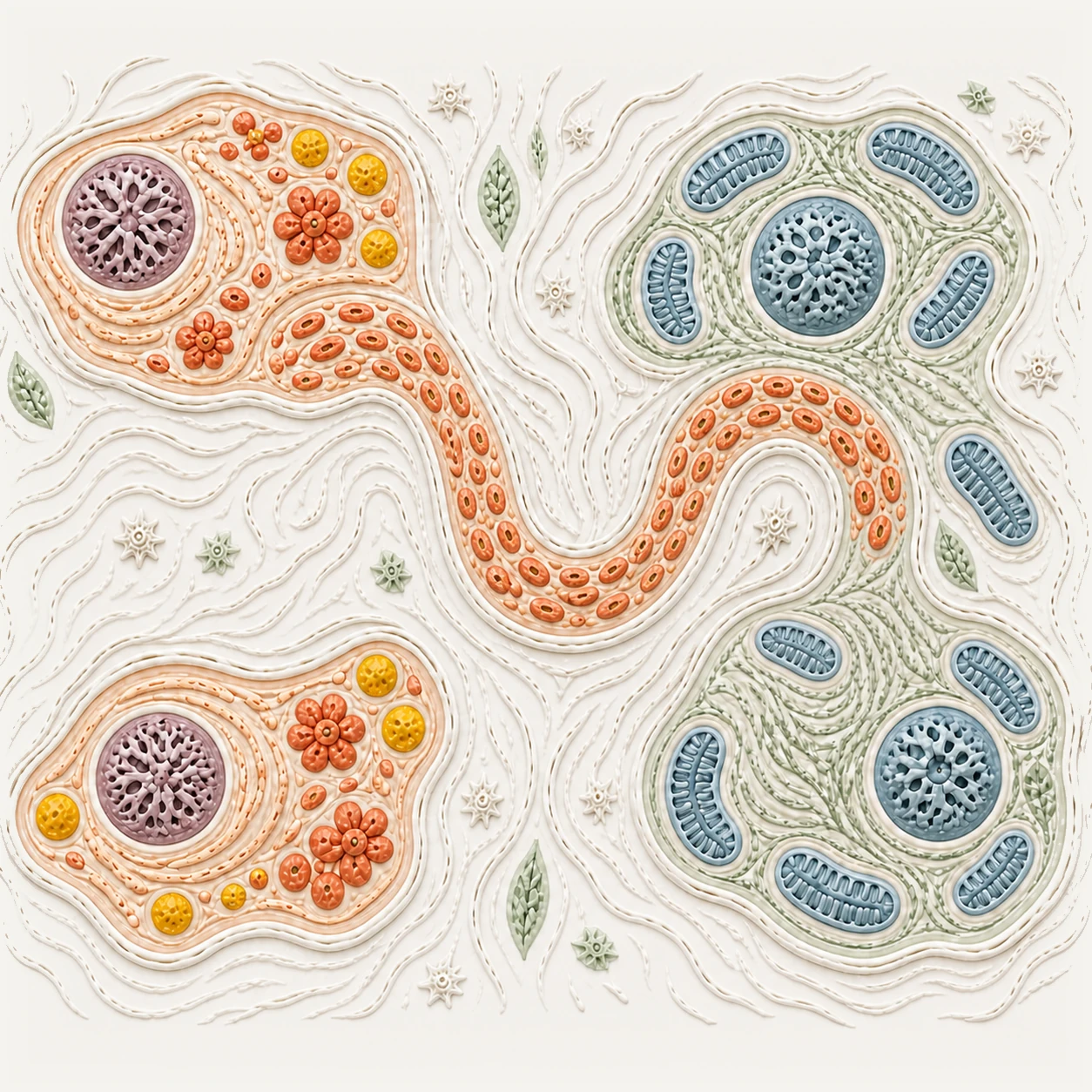 Wide tactile relief of neighboring cell groups relaying fuel from a glycolytic state into mitochondria-rich metabolism.