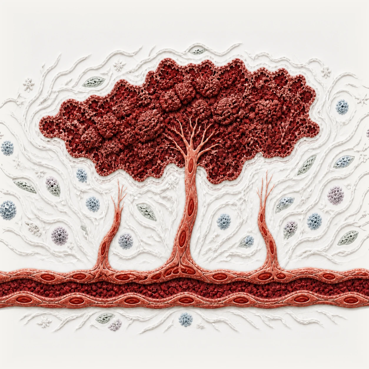 Tactile relief of one new blood vessel connected to a tumor while two sprouts continue growing toward it from an open parent vessel.